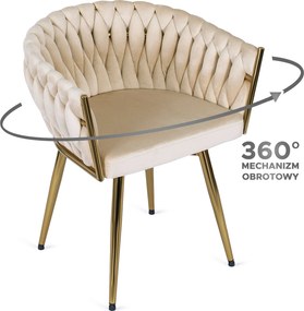 Krzesło Tapicerowane Obrotowe do Jadalni RUBI Kremowe Welurowe do Toaletki Nowoczesne Glamour