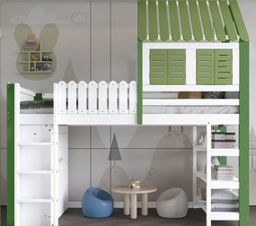 Łóżko antresolowe 90x200 cm - z otwartymi półkami i szafą - z barierką - kształt dachu - Biały + Zielony (bez materaca)