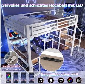 Łóżko piętrowe dla dzieci - 140 x 200 cm - rama żeliwna - z półką + drabinka + diody LED + biurko + port USB - metalowe - białe