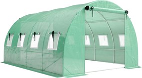 Outsunny Szklarnia ok. 4 x 3 x 2 m, szklarnia foliowa z rolowanymi drzwiami, 2 drzwi na zamek & 8 okien z siatką, pręty podporowe, zielona | Aosom PL