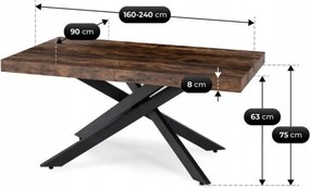 Stół Prostokątny Rozkładany HAMPTON 160-240 cm Dąb Rustykalny/Czarny do Jadalni Nowoczesny Loft