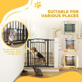 PawHut Bramka dla zwierząt, 96 cm, z regulowaną szerokością 76-104 cm, z drzwiczkami dla kota, do schodów i otworów drzwiowych, czarna