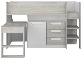 Łóżko na antresoli 90 x 200 cm - Z biurkiem i ze skrzynią  - Biały i naturalny + Materac - LOUKALA