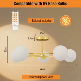 HOMCOM Lampa sufitowa 20 W z 5 gniazdami G9, elegancki złoto-biały wygląd, bez żarówek | Aosom PL