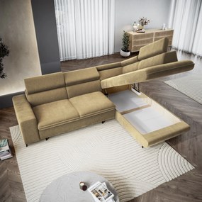 Masseno Narożnik VELISS z funkcją spania i pojemnikiem na pościel Narozniki L, Rozkładana sofa - Musztardowy, CASTEL 48