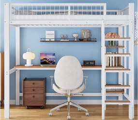 Łóżko mezzanine 90x200cm - z biurkiem i półką - z drabiną 5 stopni - z siatką zabezpieczającą - metal + MDF - biały (bez materaca)