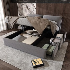Łóżko tapicerowane z pojemnikiem - 160 x 200 cm - ze stelażem hydraulicznym + 3 szuflady + zagłówek - welur - szary