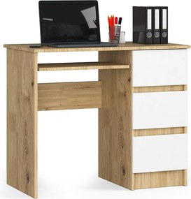 Biurko komputerowe AKORD A6 Dąb Artisan 90 cm prawe 3 szuflady kolor Biały mat 1 półka 90x50x77 cm