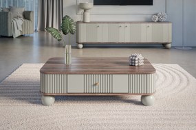 Stolik kawowy Vesper 103x60 cm z szufladą - kaszmir / orzech / złote uchwyty / nogi kule