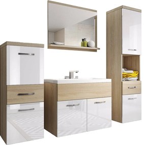 Nowoczesne meble łazienkowe, wiszący zestaw z umywalką, lustrem i słupkami, korpus sonoma mat / fronty biały połysk