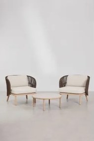 Zestaw Do Salonu Z 2 Fotelami Z Plecionej Liny Capri Oraz Stolikiem Kawowym Z Drewna Akacjowego Olivia Chocolate - Sklum