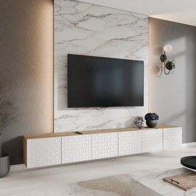 Szafka RTV ROVA - Dąb artisan / Wisząca / Front Biały / 6 drzwi / 300 cm