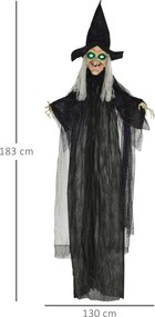 HOMCOM Czarownica na Halloween, Dekoracja z Funkcją Dźwiękową, z Czujnikiem Ruchu, LED, 130 cm x 18 cm x 183 cm