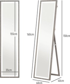 HOMCOM Lustro całego ciała z LED, 40 x 160 cm, sterowanie dotykowe, ściemnialne, 3 kolory, Szary