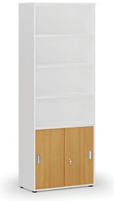 Szafa biurowa kombinowana PRIMO WHITE, drzwi przesuwne na 2 poziomach, 800 x 420 x 2128 mm, biały/buk