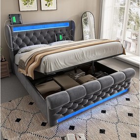 Łóżko tapicerowane dwuosobowe z pojemnikiem na pościel - 140 x 190 cm - z diodami LED + zagłówek + porty USB i typu C - hydrauliczny stelaż - aksamit - szary