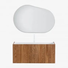 Zestaw Wiszących Mebli Łazienkowych 120x50 Cm Z Drewna Zintegrowany Z Umywalką Fiore Popielaty Brąz & Owalna Lampa Led - Sklum