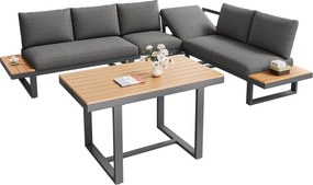 Zestaw mebli ogrodowych - 6 miejsc - ze stali ocynkowanej - narożna sofa - z jadalnią - blat z drewna plastikowego - Szary