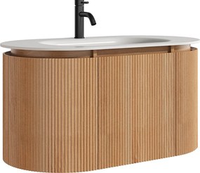 Wisząca szafka łazienkowa z prążkowanego drewna jesionowego z umywalką wpuszczaną i baterią – Jasny naturalny - szer. 90 cm - LILIKO