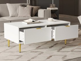 Elegancki biały stolik kawowy ze złotymi zdobieniami, 2 szuflady, pionowy wzór pasów, drewno MDF, 100 x 50 x 40 cm