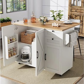 Wózek kuchenny ze składanym blatem, 3 drzwi i 2 szuflady, biały - do salonu i jadalni