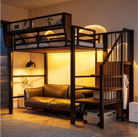 Łóżko piętrowe 90 x 200 cm z oświetleniem LED, półkami i otwartą szafą – solidna metalowa rama + płyta MDF – czarne (materac nie jest wliczony w cenę)