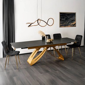 Zestaw Stół Rozkładany LUIGI 160-240 cm Czarny/Złoty i 4 Krzesła Tapicerowane YORK Czarne Glamour