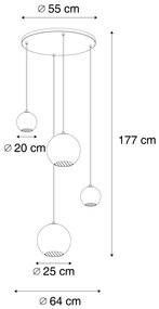 Lampa wisząca brązowa z dymionym bursztynowym i zielonym szkłem okrągła 4-punktowa - Bao ArtDeco Oswietlenie wewnetrzne