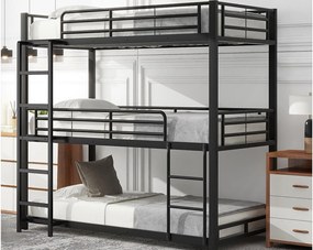 Łóżko piętrowe potrójne - 3x90x200cm - stalowa rama - Czarny