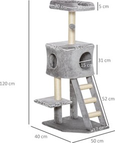 3 Drapak dla kota z jaskinią i drabinką plus miękka poduszka z MDF E1 i sizalu w kolorze jasnoszarym idealny do ostrzenia pazurów | Aosom PL