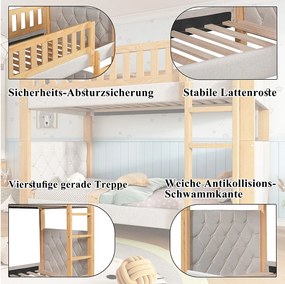 Łóżko piętrowe dla dzieci - 2 x 90 x 200 cm - z amortyzującymi krawędziami z pianki - drewno + MDF - szary + naturalny