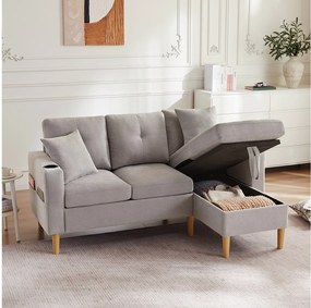 3-osobowa sofa narożna ze schowkiem, poduszkami i uchwytami na kubki – jasnoszara bawełna i len