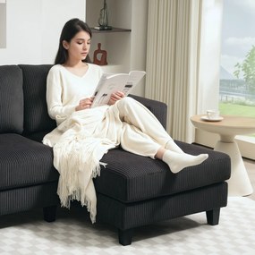 HOMCOM Narożnik L-fomowy trzyosobowy z szezlongiem, konstrukcja z drewna, 8 nóg, obicie z kordu, pikowana pianka, Szary