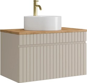 Wisząca szafka łazienkowa prążkowana beżowa z umywalką nablatową okrągłą i baterią – 80 cm – SATARA