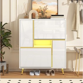 Biała szafka na buty z 16-kolorowym oświetleniem LED i złotymi nóżkami – idealna do salonów i przedpokojów