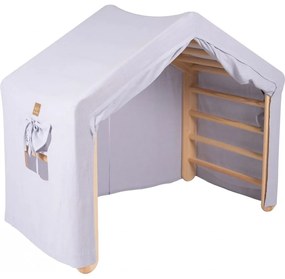 Duży domek z drabinką dla dzieci 112x61x94 cm składaną do pokoju. drewno, len, wiskoza, szaroniebieski domek, naturalna drabinka. - meowbaby®