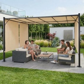 Beżowa pergola ogrodowa FG-362 z regulowanym zadaszeniem i roletami bocznymi