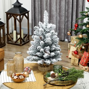 HOMCOM Mini sztuczna choinka 60 cm, pokryta śniegiem, 72 gałązki, 6 szyszek, podstawa z cementu | Aosom PL