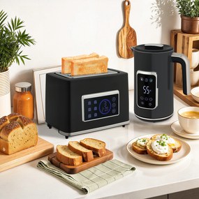 HOMCOM Zestaw czajnik i toster z ekranem dotykowym LED, 1,7 l, 2 szczeliny, różne tryby i funkcje, Czarny