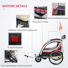 HOMCOM dziecięca przyczepa rowerowa 2-w-1, funkcja joggera, plandeka odporna na warunki atmosferyczne, rama stalowa, czerwony+czarny, 142 x 75 x 101cm