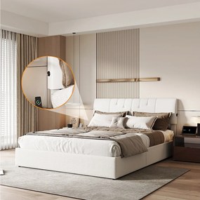 Łóżko chowane w ścianie 160x200 cm z regulowanym zagłówkiem, portami USB-C i USB, wbudowaną przestrzenią do przechowywania – tkanina Teddy w kolorze złamanej bieli
