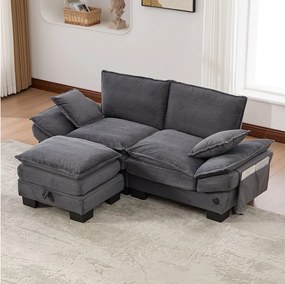 Dwuosobowy zestaw wypoczynkowy z tkaniny sztruksowej - 190 x 132 x 84 cm - z 1 pufem ze schowkiem + portem USB + kieszeniami - ciemnoszary