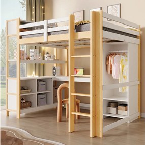 Łóżko piętrowe dla dzieci - 140 x 200 cm - z półkami + biurko + szafa - drewno - naturalne