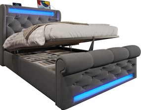 Łóżko tapicerowane ze schowkiem - 90 x 200 cm - z diodami LED - zagłówek ze schowkiem i USB - z materacem - aksamit - szary