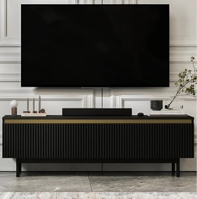 Szafka RTV z 2 drzwiami - Korpus czarny mat, fronty ryflowane czarny mat - Czarna metalowa rama, 140 cm