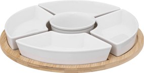 Zestaw do przekąsek: 5 porcelanowych miseczek + bambusowa taca