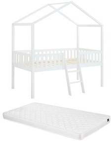 Półwysokie łóżko w formie domku 90 x 190 cm z materacem – biała sosna – NALENY