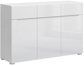 Komoda Trzydrzwiowa z Szufladami do Salonu MIST 135 cm Biały połysk Nowoczesna