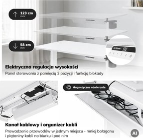Biurko elektryczne z regulacją wysokości ergonomiczne białe,1200x600 mm: ARIA
