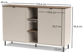 Komoda Dwudrzwiowa BLUSH 153,4 cm Kaszmir/ Dąb castello Ryflowana Nowoczesna